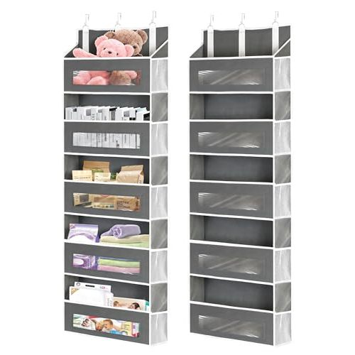 2 Packs 5-Tier Over the Door Storage Organizer with 10 Side Mesh Pockets, 48 lbs Load Capacity, 3 Hooks Design, Hanging Organizer with Clear Windows for Bathroom, Bedroom, Nursery, Kitchen-Grey