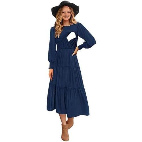 Womens Flutter Long Sleeve Smocked Tiered Nursing Dress for Breastfeeding