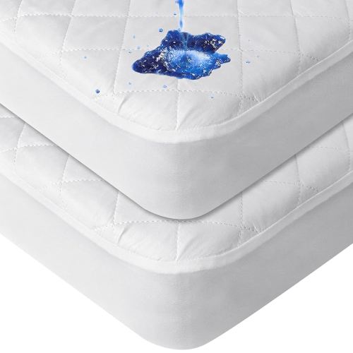Crib Mattress Protector Waterproof 2 Pack, Quilted Crib Mattress Pad Cover 52" x 28" Extra Soft Breathable Toddler Bed Cover Stretch Up to 8", White