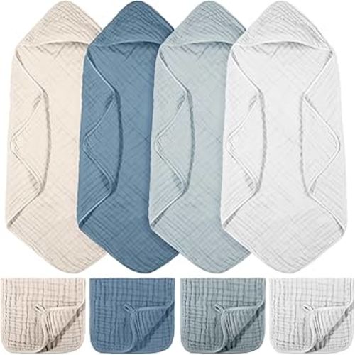 8 Pcs Baby Muslin Hooded Bath Towels and Washcloths, 32 x 32 Inch Muslin Cotton Hooded Baby Towels Absorbent Hooded Blankets for Gift Newborn Infant Shower (Blue,White)