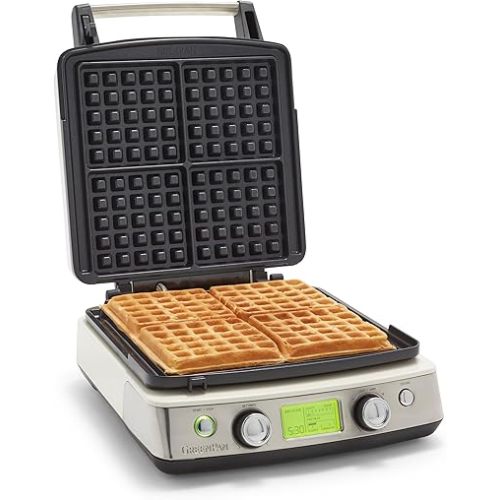 GreenPan Elite 4-Square Belgian & Classic Waffle Maker,Healthy Ceramic Nonstick Dishwasher Safe Plates, Adjustable Shade/Crunch Control, Wont Overflow, Easy Cleanup Breakfast, PFAS-Free, White