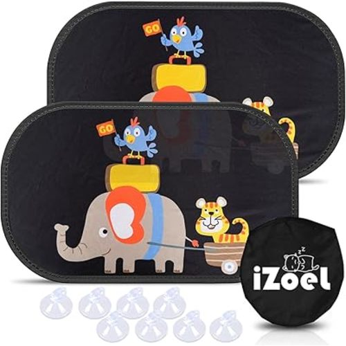 MOVINPE Car Sun Shade for Baby Kids 2 Pack Static Cling Side Window Car 80GSM Rear Sunshades Universal with 8 Suction Cups and Storage Bag - Sun Glare and UV Rays Protection (Elephant & Tiger)