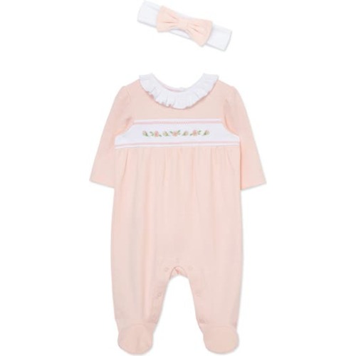 Baby Dainty Flowers Cotton Footie & Headband Set, Pink