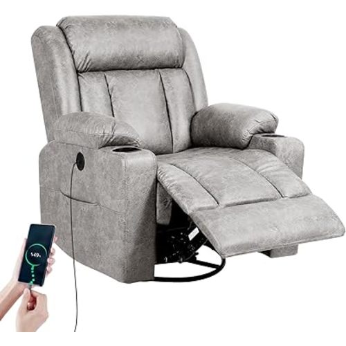 Retro Rocking Recliner Chair, Massage Rocker Recliner Chair with Vibration Massage and Heat, USB and Type-C Ports,360° Swivel Chairs, Living Room, Bedroom, Nursery, RV, Light Grey