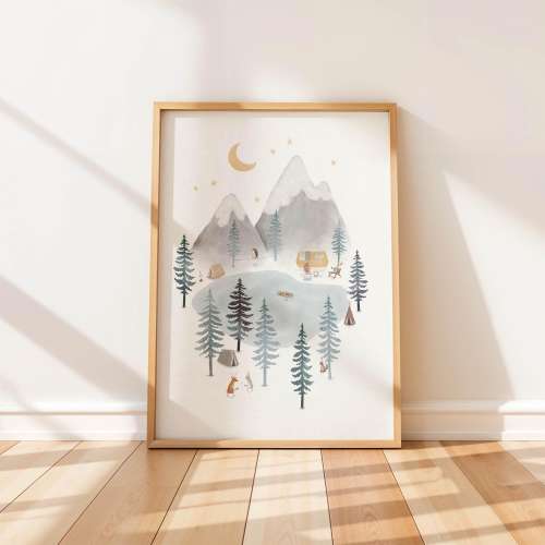 Mountain Adventure Art Print, Kids Room Decor, Forest Theme Wall Art, Boho Nursery Decor