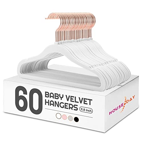 HOUSE DAY Velvet Baby Hangers for Closet, Kids Hangers Velvet 60 Pack, Non Slip Toddler Hanger 11.8 Inch, Durable Childrens Hanger for Newborn Baby Clothes- White