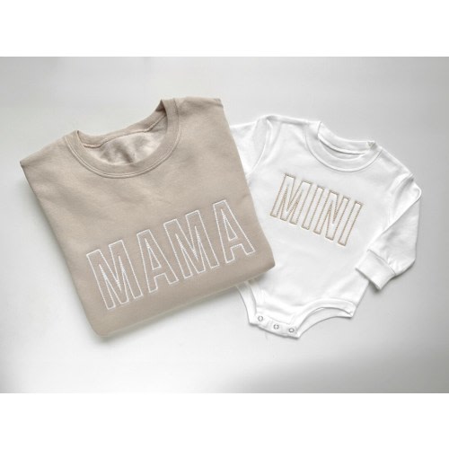Mama and Mini Embroidered Matching Beige Mom and Toddler Sweatshirts and Baby Bodysuits, Mommy and Me Sweatshirts Pullovers, Bubble Romper