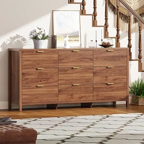 Fluted Dresser for Bedroom with 9 Drawers, 63" Modern Chest of Drawers, Dresser TV Stand, Wood Drawer Organizer for Living Room, Hallway, Chestnut