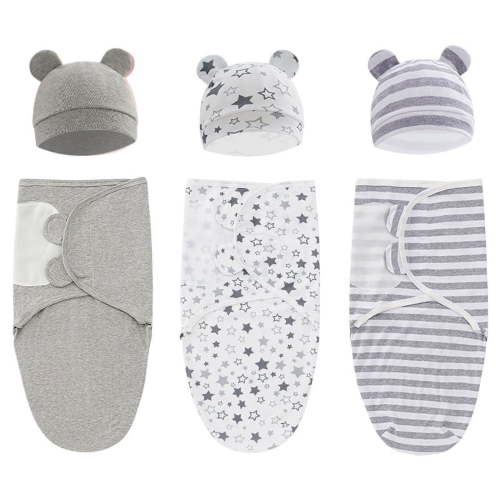 Baby Swaddle Sleep Sack with Hat, Soft Cotton Newborn Wearable Swaddle Wrap, for 0-3 months Girls Boys, 3-Pack