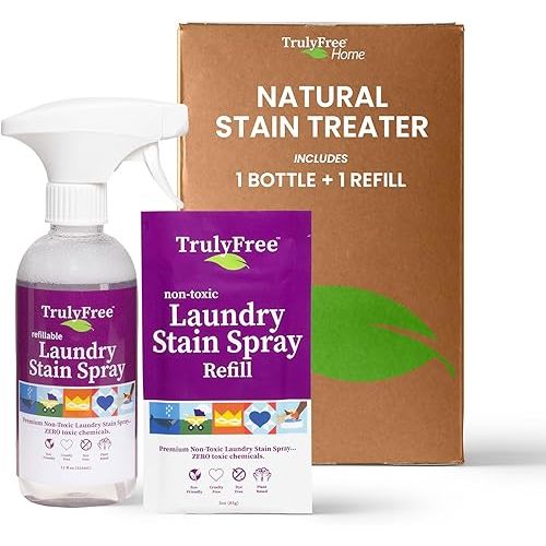 Laundry Stain Remover Spray for Clothes - Removes Tough, Dried-In Stains on Whites & Colors -Natural Ingredients - Gentle Yet Powerful - Includes 3 oz Refill & Empty Refillable Bottle
