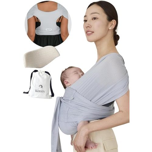 Konny New and Improved Baby Carrier Flex AirMesh(Includes Head Support) - Adjustable Summer, Easy to Wear, Baby Wrap Carrier, Perfect for Newborn Babies Essentials up to 44 lbs (XS-XL) - Pale Blue