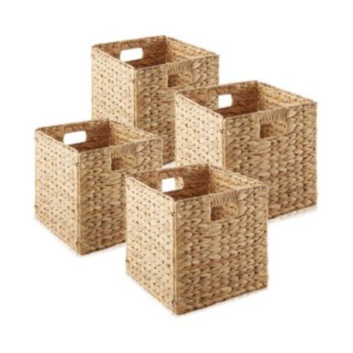 13" x 13" Water Hyacinth Storage Baskets, Natural - Set of 4 Collapsible Cube Organizers, Woven Bins for Bathroom, Bedroom, Laundry, Pantry, Shelves