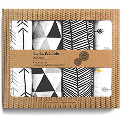 Muslin Swaddle Blankets – Soft Pure Cotton Muslin Blankets – 4 Pack of Breathable Swaddle Blankets – Unisex Baby Swaddle Blanket in Black & White Designs – Multi Use Muslin Blankets – 47 x 47 inches