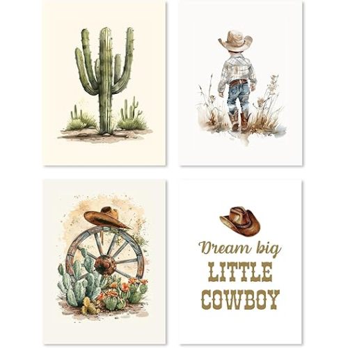 Hxlac Western Cowboy Wall Art Prints Set of 4 Unframed - Western Cactus Desert Hats Wall Decor, Western Wall Decor for Toddler Kid Boy Room, Dream Big Little Cowboy Wall Decor(12x16Inches)