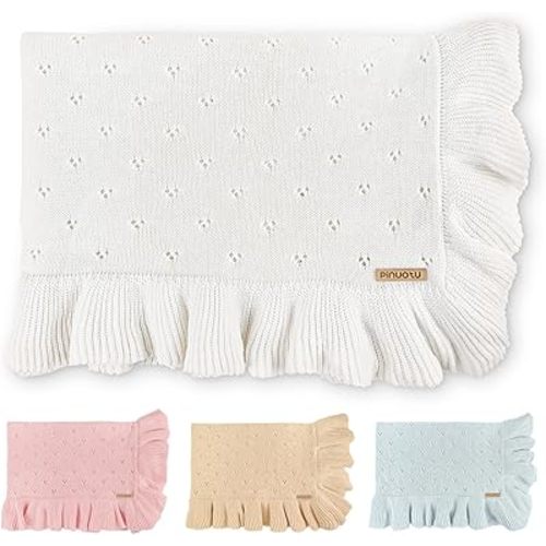 Cotton Pointelle Knitted Baby Blanket with Ruffle Trim, 40x31 Inches, Soft & Cozy for Newborns & Toddlers, Ideal for Swaddling, Crib & Stroller, Elegant Gift Box for All Seasons(White)