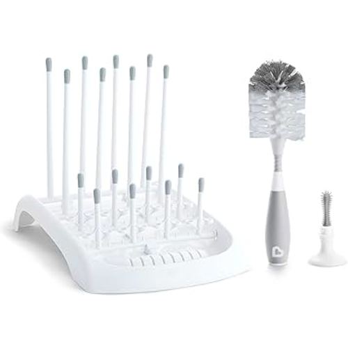 Munchkin® Baby Bottle and Sippy Cup Cleaning Set, Includes Countertop Drying Rack and Bristle Bottle Brush, Grey