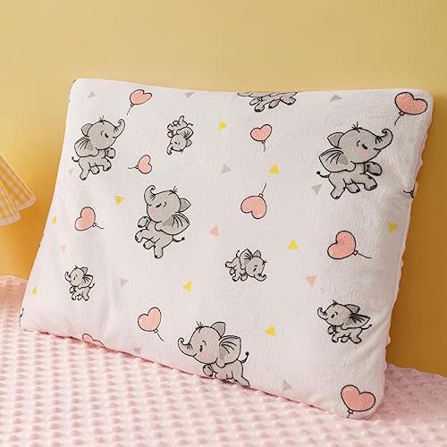 DaysU Toddler Pillow for Sleeping with Cute Print, Soft Flat Thin Kids Pillow for Girls Aged 2-3 Years, 13"x19"x0.75", Pink Elephant