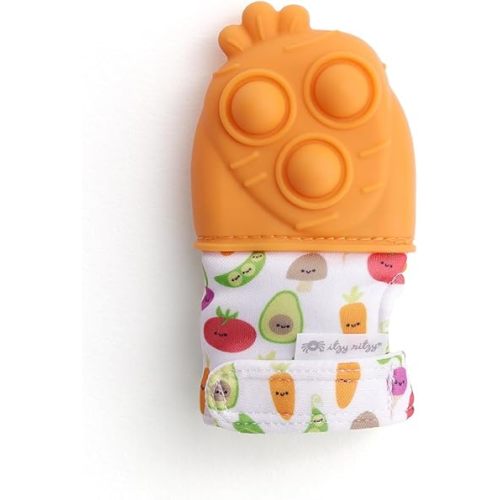 Itzy Ritzy Silicone Teething Mitt - Soothing Infant Teething Mitten w/Adjustable Strap, Crinkle Sound, Textured Silicone, Soothes Sore & Swollen Gums, Baby Teething Toy for 3 Mos + (Carrot)
