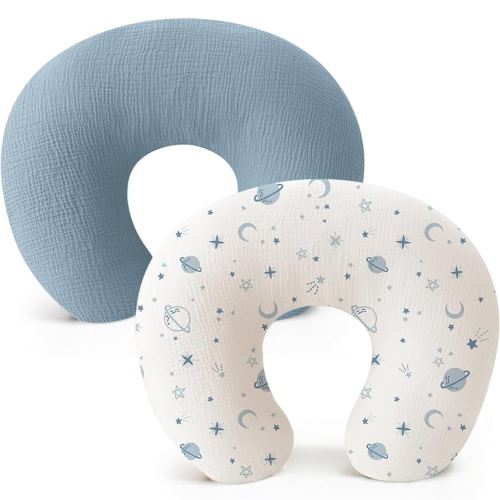 Konssy 2-Pack Muslin Nursing Pillow Covers, (Blue, Star)