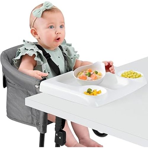 Ezebaby Hook on High Chair, Secure Clip on High Chair for Baby, Compact Fold-Flat for Easy Storage, Fast Table Chair with Baby Seat, Portable High Chair Attaches to Table for Travel, Grey, with Tray
