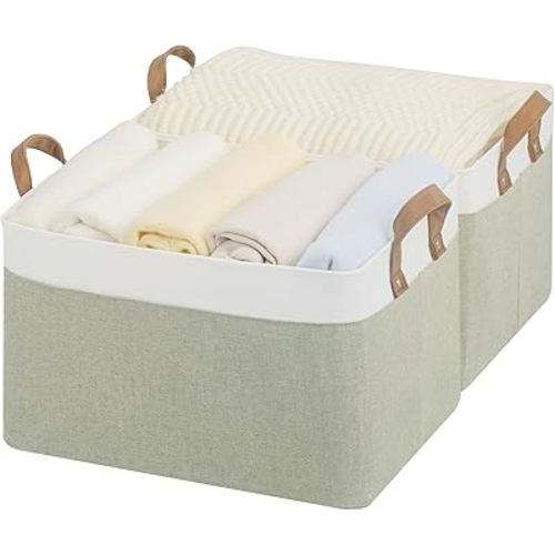 StorageWorks Storage Bins, Shelves Baskets for Organizing, Large Fabric Closet Organizers with Handles, Metal Frame, Green and White, 2-Pack