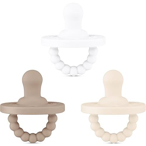 Ryan & Rose Cutie PAT All-in-One Pacifier and Teether Massaging Teething Ring and Hideaway Binky for Growing Babies (Canvas (3 Pack), Flat)