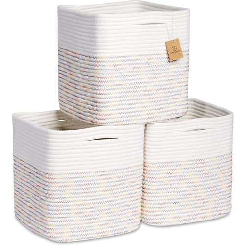 NaturalCozy Storage Cubes 11 Inch Cotton Rope Woven Baskets for Organizing, 3-Pack | Cube Storage Bin | Square Storage Baskets for Shelves Organizer, Classroom, Kids Toy Bins, Closet, Baby Nursery