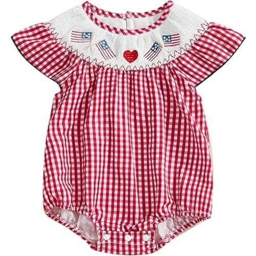 Fourth of July Smocked Bubble Romper Baby Girl American Flag Gingham Bodysuit Summer Baby Outfit (Red,6-12 Months)