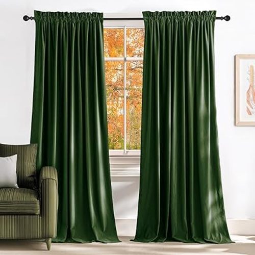 NICETOWN Green Velvet Curtains 84 inches - Olive Green Blackout Curtains for Bedroom and Living Room, Thermal Insulated Soundproof Panels Soft Luxury Home Decor, W52 x L84, 2 Panels