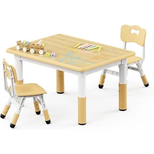 Brelley Kids Table and 2 Chairs Set, Height Adjustable Toddler Desk and Chair Set, Graffiti Desktop, Classroom/Daycare/Home, Children Multi-Activity Table for Ages 2-8