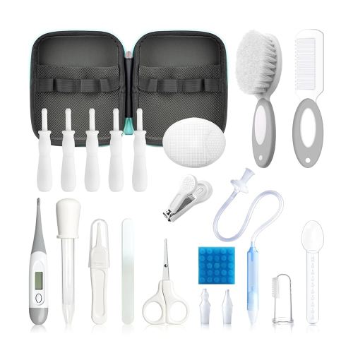 Baby Healthcare and Grooming Kit, 21 in 1 Portable Baby Essentials Kit with Gas Relief Hair Brush Comb Nasal Aspirator for Newborn Boys Girls (Grey White)