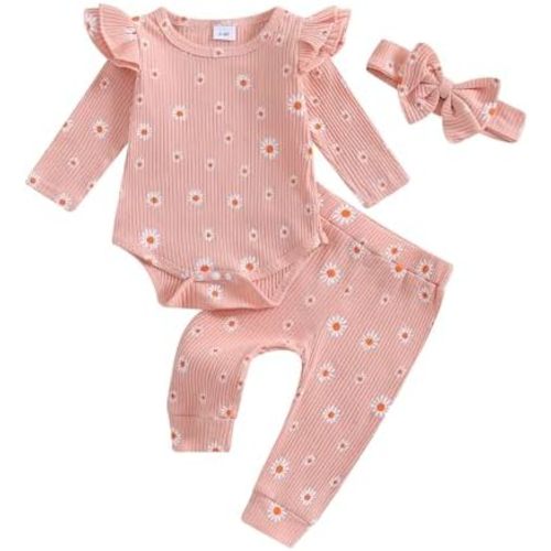 Hnyenmcko Newborn Baby Girl Fall Outfits Rib Frill Long Sleeve Ruffled Romper Solid Pants Headband Set 3Pcs Winter Clothes
