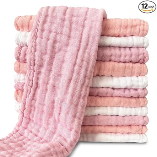 Muslin Burp Cloths for Baby 100% Cotton Burping Cloths for Unisex, Boy, Girl - Large 20'' by 10'' Newborn Essentials Ultra Soft Absorbent Milk Spit Up Rags - 12 Pack - White+Light Sakura Series