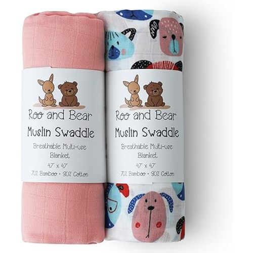 Muslin Swaddle Blankets for Newborn Baby, Buttery Soft and Breathable Receiving Blanket Bamboo Rayon and Cotton Blend, Large Size 47 x 47 Inch, 2 Pack of Pink and Cute Dogs