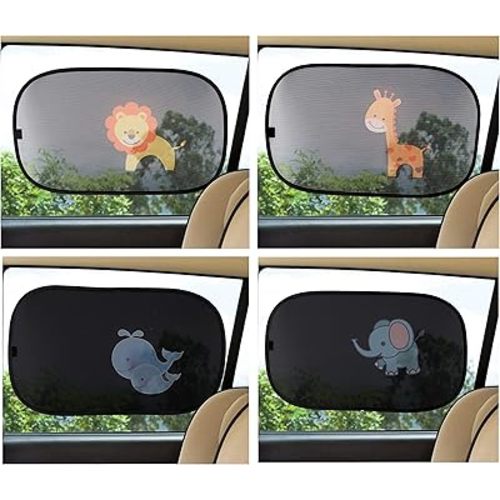 CitiGo Car Window Sun Shade (4 pcs) - Block UV Ray, Lighting and Glare, Protection for Baby and Kids - Cartoon Lion, Elephant, Giraffe and Whales - for Side Windows and Rear Windshield ONLY.