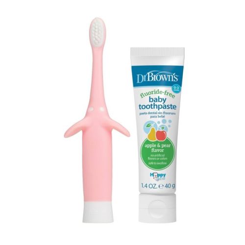 Dr. Brown's Infant-to-Toddler Training Toothbrush & Fluoride-Free Baby Toothpaste Pear & Apple Flavor - 0-3 years - Pink Elephant