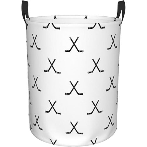 Hockey Laundry Basket Foldable Waterproof Oxford Cloth Hockey Sticks Print Laundry Hamper Circular Dirty Clothes Storage Bucket Organizer with Handles for Bathroom Bedroom Dorm Living Room Nursery