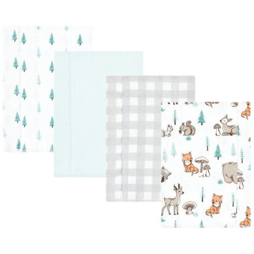 Hudson Baby Cotton Flannel Burp Cloths, Neutral Woodland Pals 4-Pack, One Size