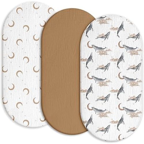 Gllquen Baby Muslin Bassinet Sheets 3 Pack, Breathable Elastic Cozy Fitted Cotton Bassinet Mattress Sheet for Baby Boy Girls, Fit for Hourglass Oval Rectangular Cradle Pad Sheets 33"x17" (Whale)