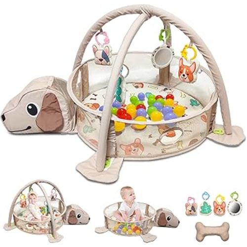 6-in-1 Baby Play Mat Tummy Time Mat Foldable with Fence Design, 4 Detachable Toys, 10 Ocean Toys and 1 Tummy Time Pillow, Activity Gym Sensory Exploration and Motor Skill Development Toys Gift