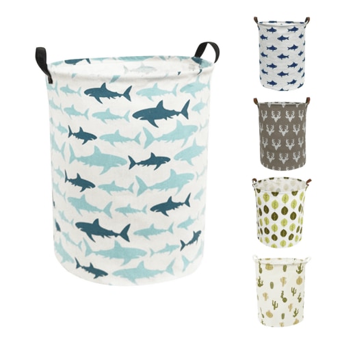 Laundry Basket, Collapsible Large Laundry Hamper Waterproof with Leather Handle, Dirty Clothes, Baby Kids Toy Storage Baskets Dorm, Cyan Blue Shark