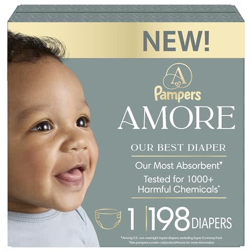 Pampers Amore, Size 1 (8-14 lbs), 198 Count, Our Best Diaper – Hypoallergenic & Fragrance Free, Up to 100% Leakproof, Soft as Cashmere