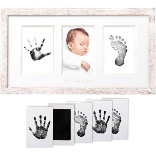 Pearhead My Little Prints Newborn Handprint & Footprint Frame Kit - No Mess Clean Touch Ink Pad, Gender-Neutral Keepsake, Ideal Shower Gift, Nursery Decor, Distressed Wood - Babyprints Wall Frame, Distressed