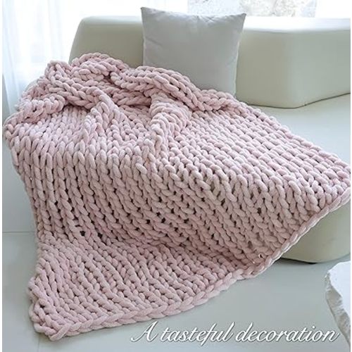 Maetoow Chenille Chunky Knit Blanket Throw (50×60 Inch), Handmade Warm & Cozy Blanket Couch, Bed, Home Decor, Soft Breathable Fleece Banket, Christmas Thick and Giant Yarn Throws, Light Pink