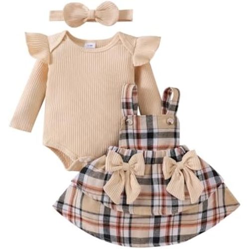 Baby Girl Clothes Fall Winter Outfit Long Sleeve Ruffle Romper Plaid Skirt Bow Headband 3 Pcs Set 0-18 Months