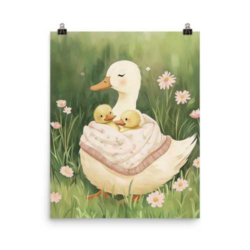 Vintage Mother Duck Watercolor Print | Mother of Two | Duckling Wall Art | Animal Nursery Decor | Pastoral | Farmhouse Artwork | Country Art
