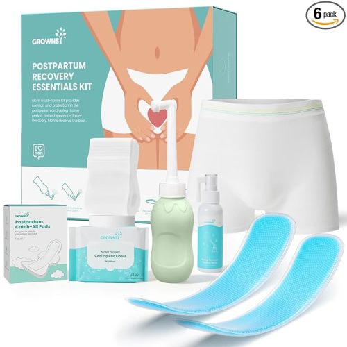 Grownsy 15pc Postpartum Essentials Recovery Kit | Postpartum Kit for Women | Includes 5 Postpartum Pads, 5 Disposable Underwear, 2 Ice Packs, Peri Bottle, Perineal Spray & 28 Cooling Pad Liners