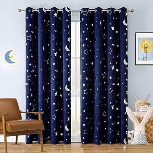 WUBODTI Boys Curtains Navy Blue 100% Blackout Star Curtains Cute Space Themed Thermal Insulated Room Darkening Blackout Drapes for Kids Room Nursery Boys Room(W52 x L84, 2 Panels)
