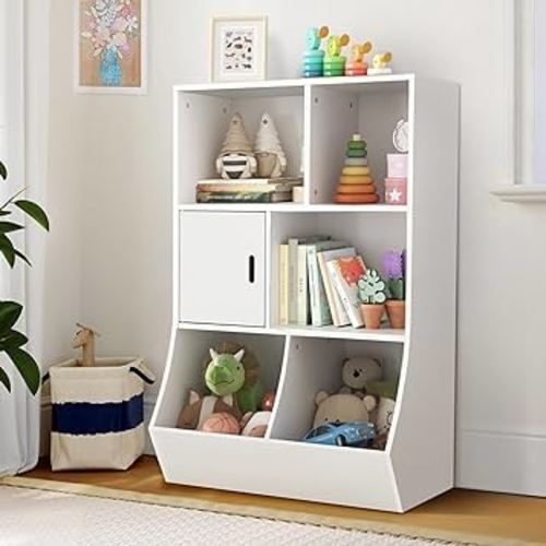 Curipeer Kids Bookshelf and Toy Storage, 3 Tier Kids Toy Storage Organizer Cabinet with Door, Toddler 6 Cubby Kids Bookcase for Living Room, Kids Room, Bedroom, Playroom, Nursery (White)