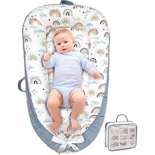 Baby Lounger, Ultra Breathable Soft Cotton Perfect for Tummy Time, Portable & Adjustable Infant Floor Seat for Traveling | Newborn Shower Gift(Rainbow)